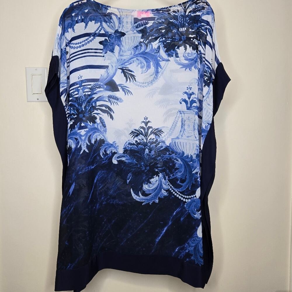 TED BAKER Sheer Blue & White Flowy Scarf Blouse Size Medium - Picture 5 of 8